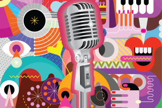 A fun rainbow world of graphics with a vintage microphone.
