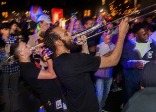 Trombonists playing to a gleeful crowd at Bulldog Bash 2019