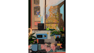 This image depicts a scene from the artist's window, of various computer windows and outside scenery blending into one abstract canvas.