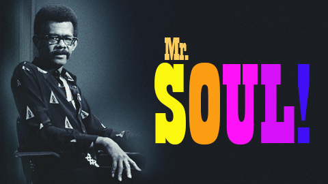 Grayscale image of Ellis Haizlip to the left of large, colorful text that reads, &quot;Mr. SOUL!&quot;