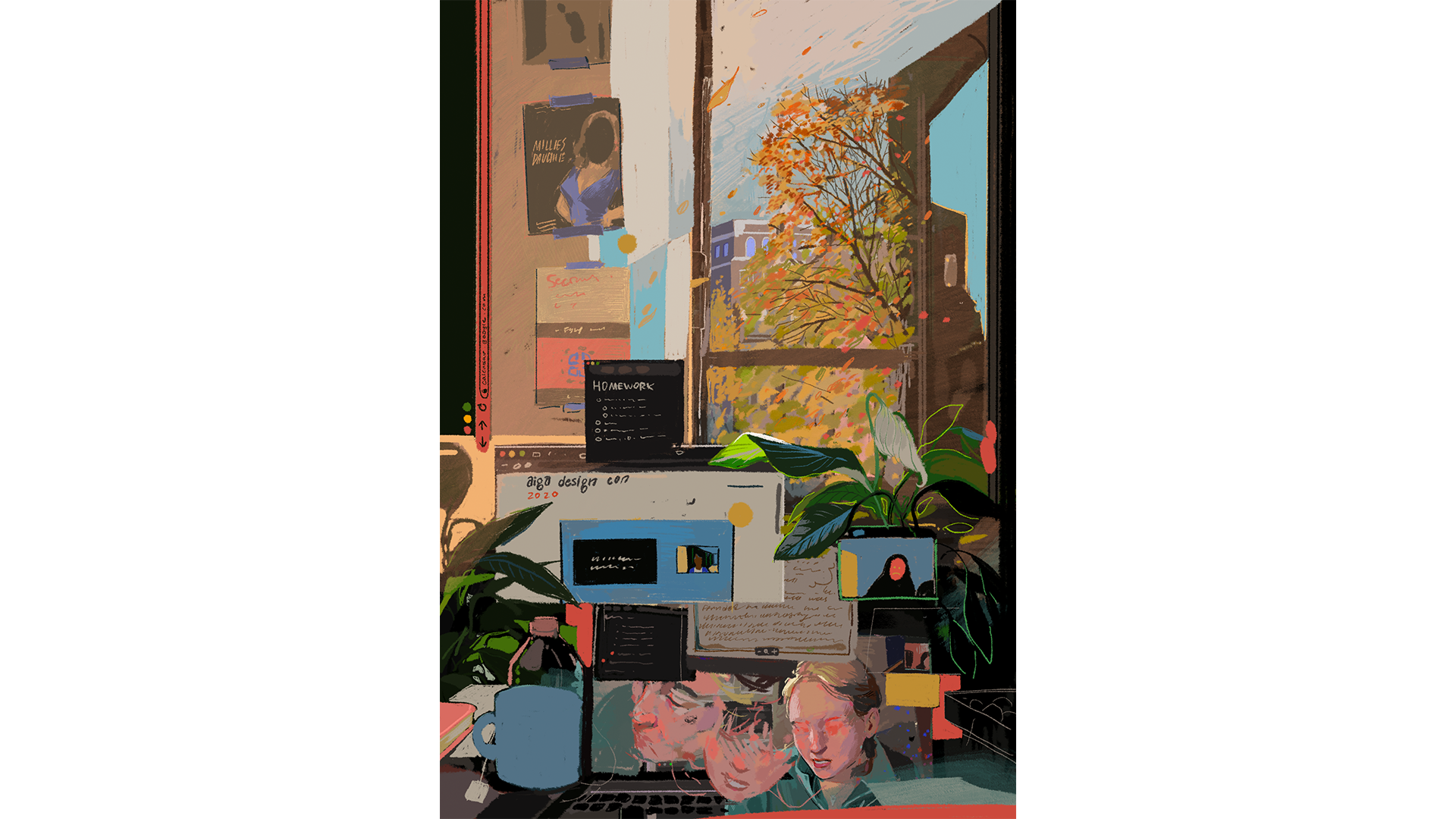 This image depicts a scene from the artist's window, of various computer windows and outside scenery blending into one abstract canvas.