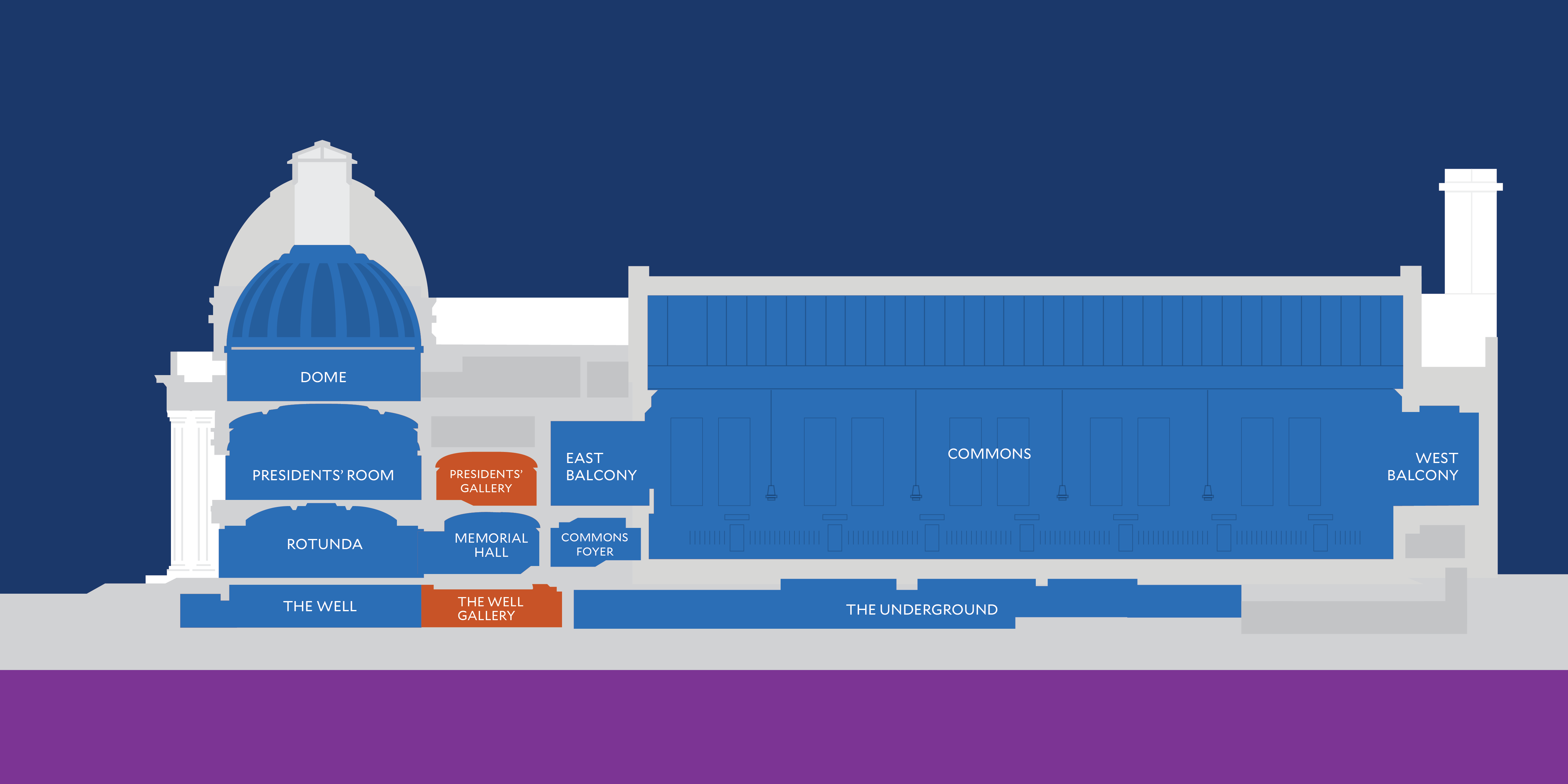 Cross section of Yale Schwarzman Center with galleries highlighted in orange