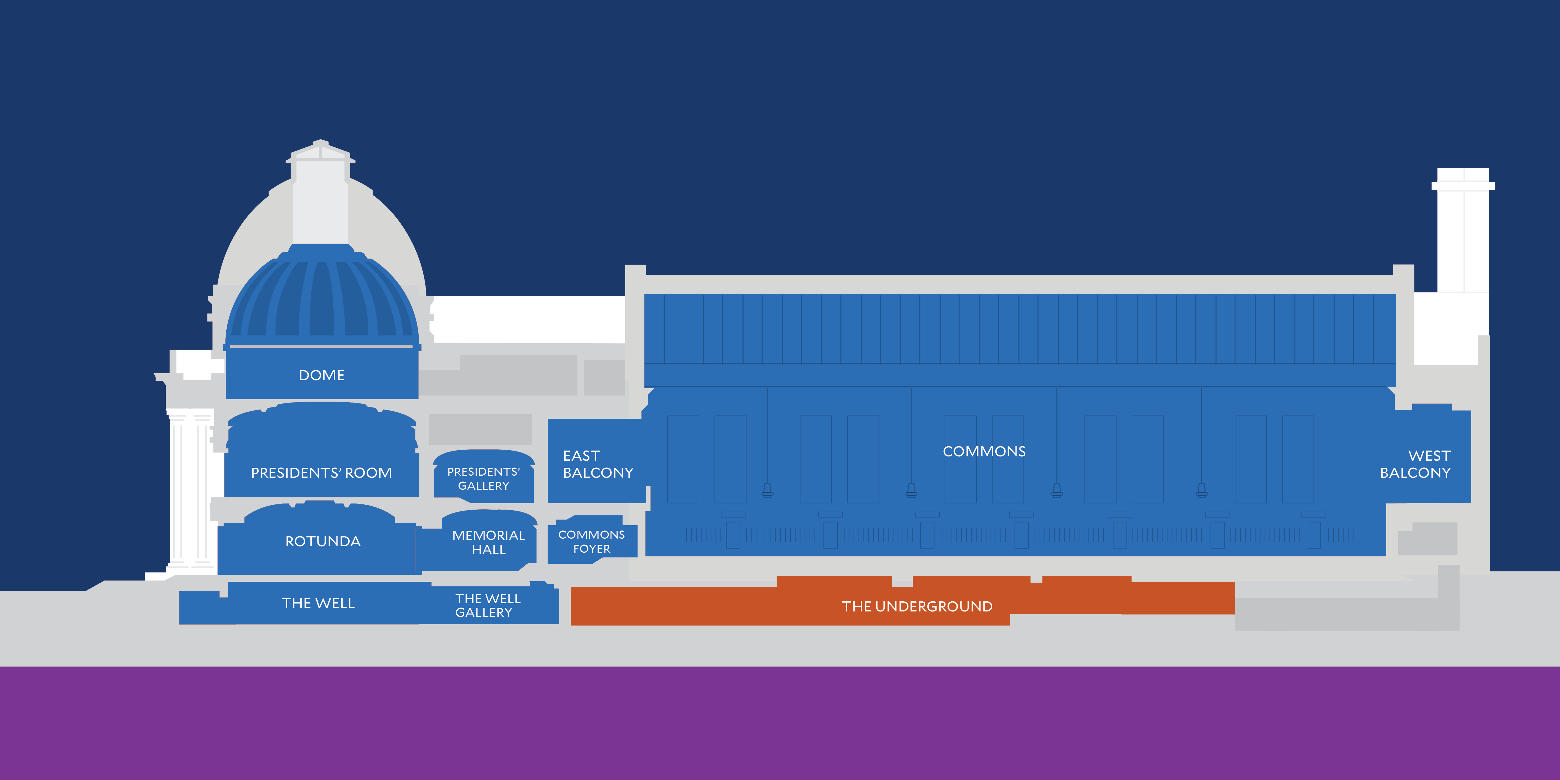 Cross section of Yale Schwarzman Center with The Underground highlighted in orange