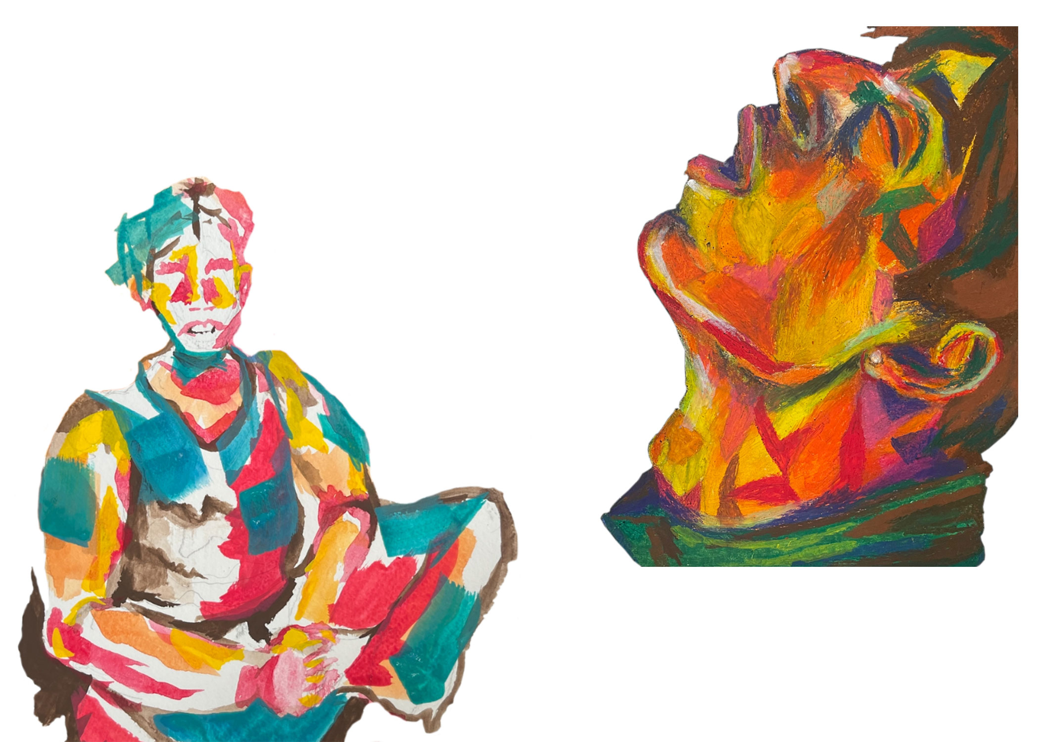 The image shows two colorful hand drawn figures. The left figure is painted with gauche, and depicts a person sitting down with their legs crossed. The right figure is drawn with oil pastel, and depict a profile of a person with their eyes closed.