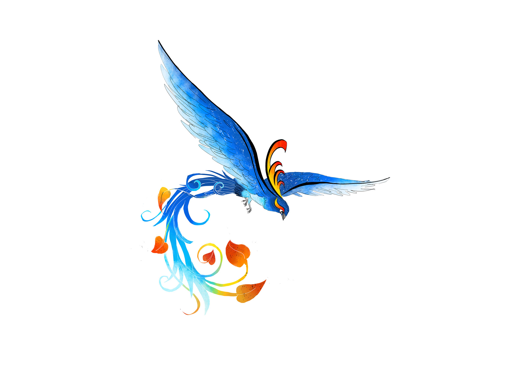 A digital illustration of a blue bird with orange leaflike tail feathers and an orange crown