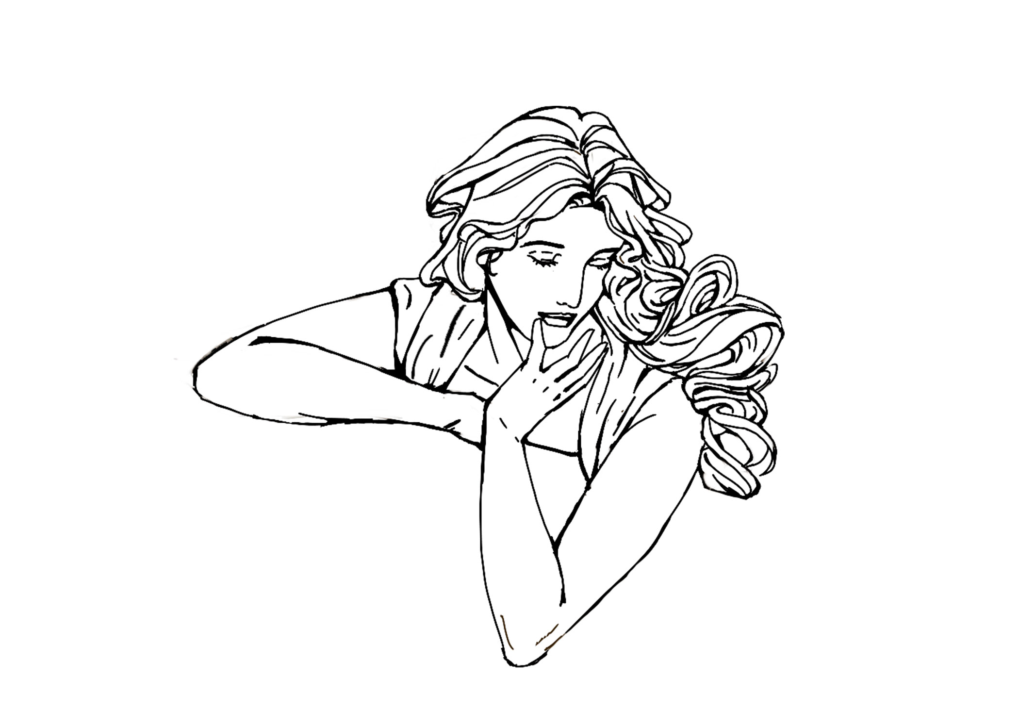 A hand drawn illustration of a woman's torso in 3/4 view, she has curly hair, and is facing left with her hand placed near her chin