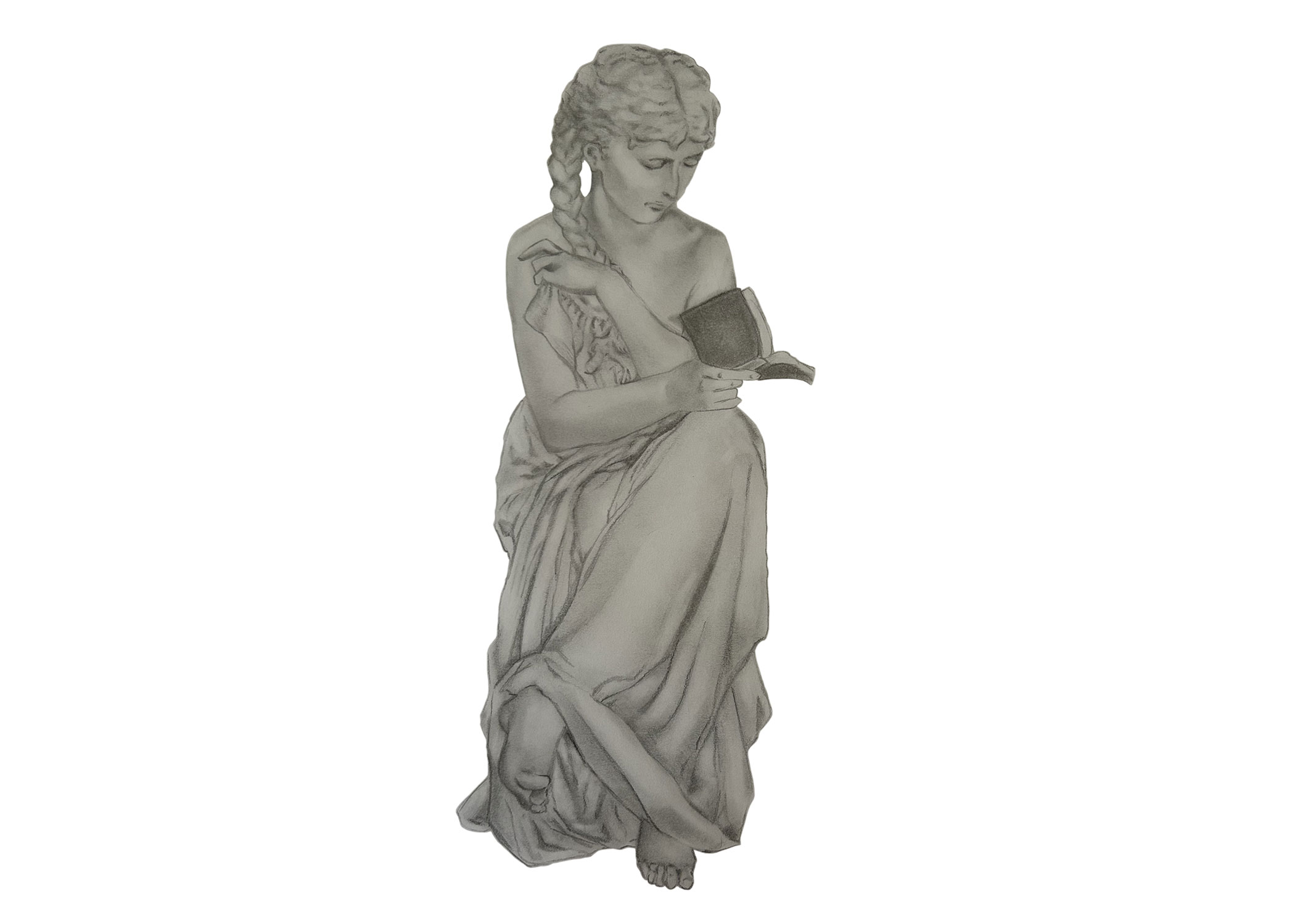 A charcoal sketch depicting a girl as a Greco-Roman statue reading a book