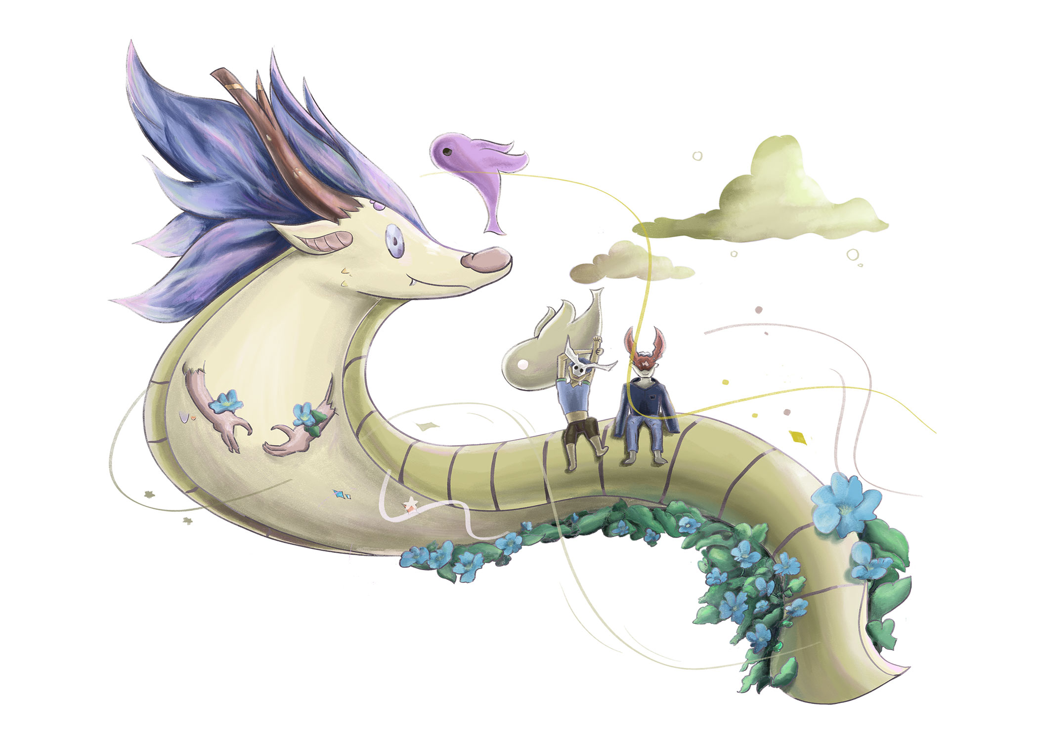 An illustration of a dragon with blue flowers growing from its body. Two figures sit on the back of the dragon. Two fish fly around in the background