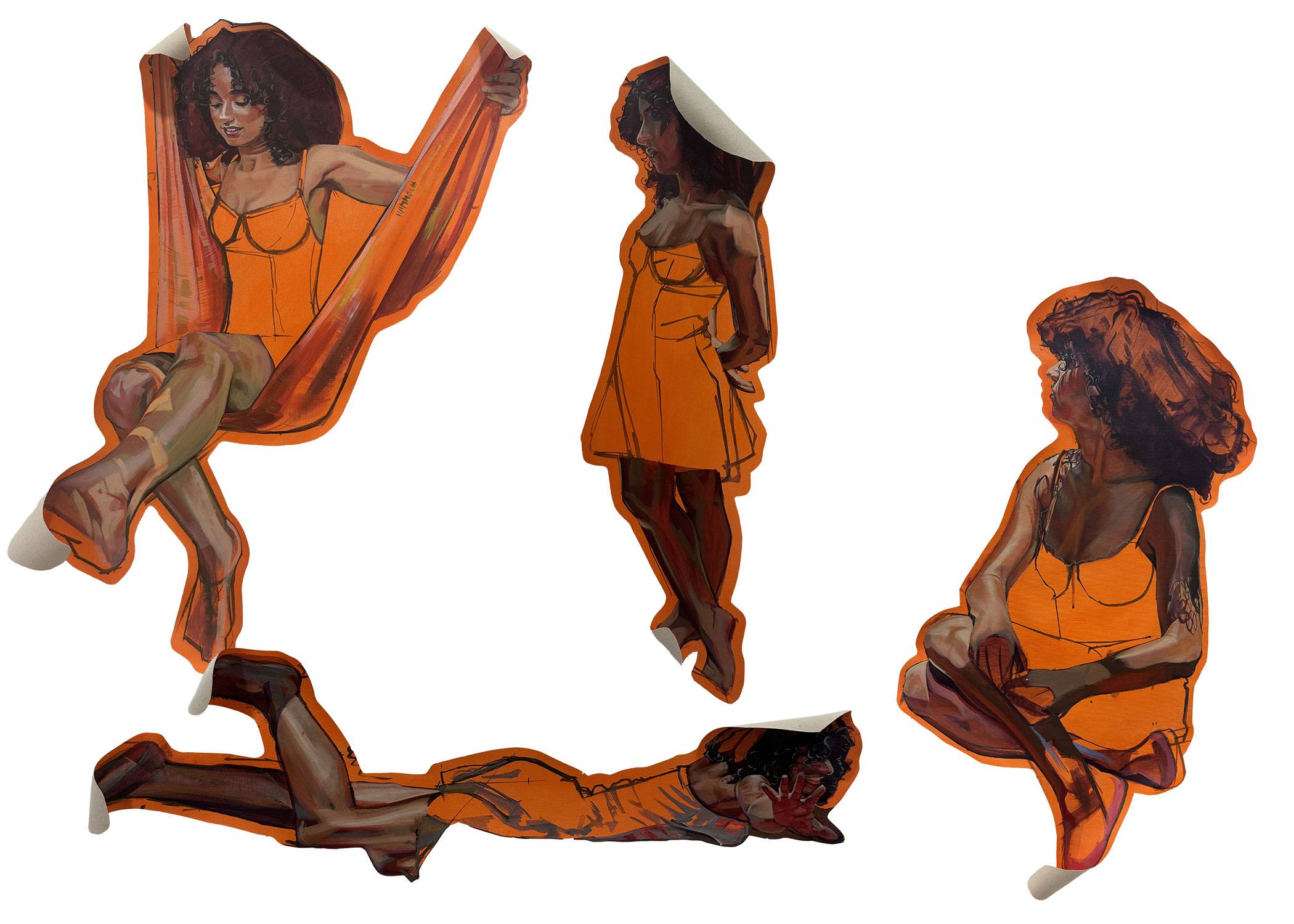 Four hand drawn illustrations of a girl with brown skin and curly hair, wearing an orange dress