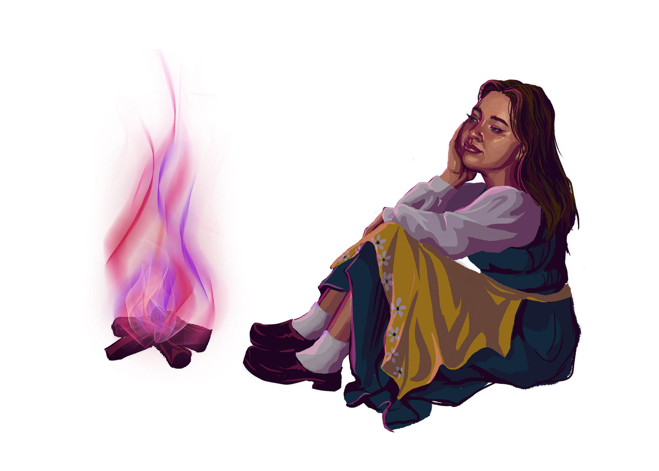 A hand drawn digital illustration of a woman staring at a purple and pink campfire flame. She has her hand on her cheeks, and is wearing a teal dress with a yellow floral apron and brown clogs