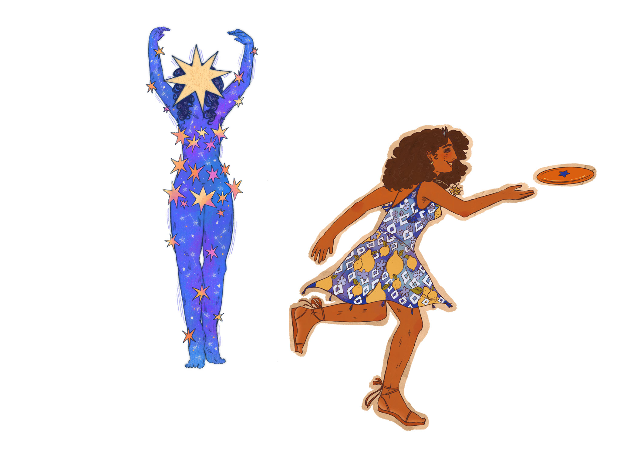 An image with two hand drawn figures. The left, blue figure has curly hair and is surrounded by stars, with their head raised above their body. The right, orange figure also has curly hair and is throwing a frisbee, the figure is wearing a blue dress and sandals