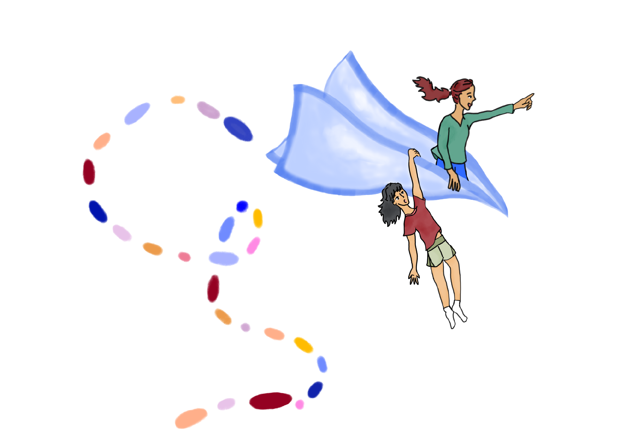 Illustration of a squiggly flying path with one person holding up another.