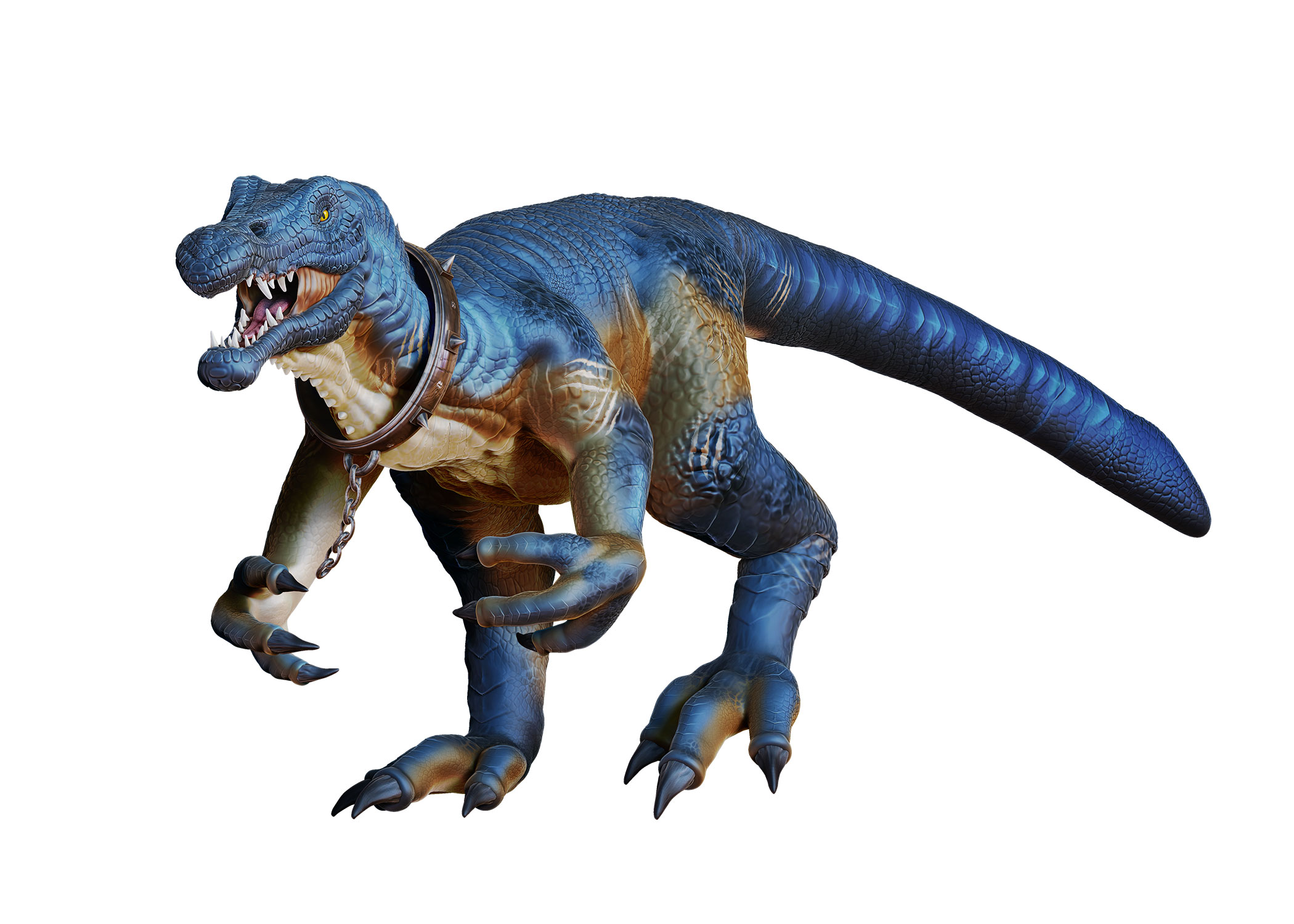 A 3D rendering of a blue dinosaur with a spiked collar and its mouth open