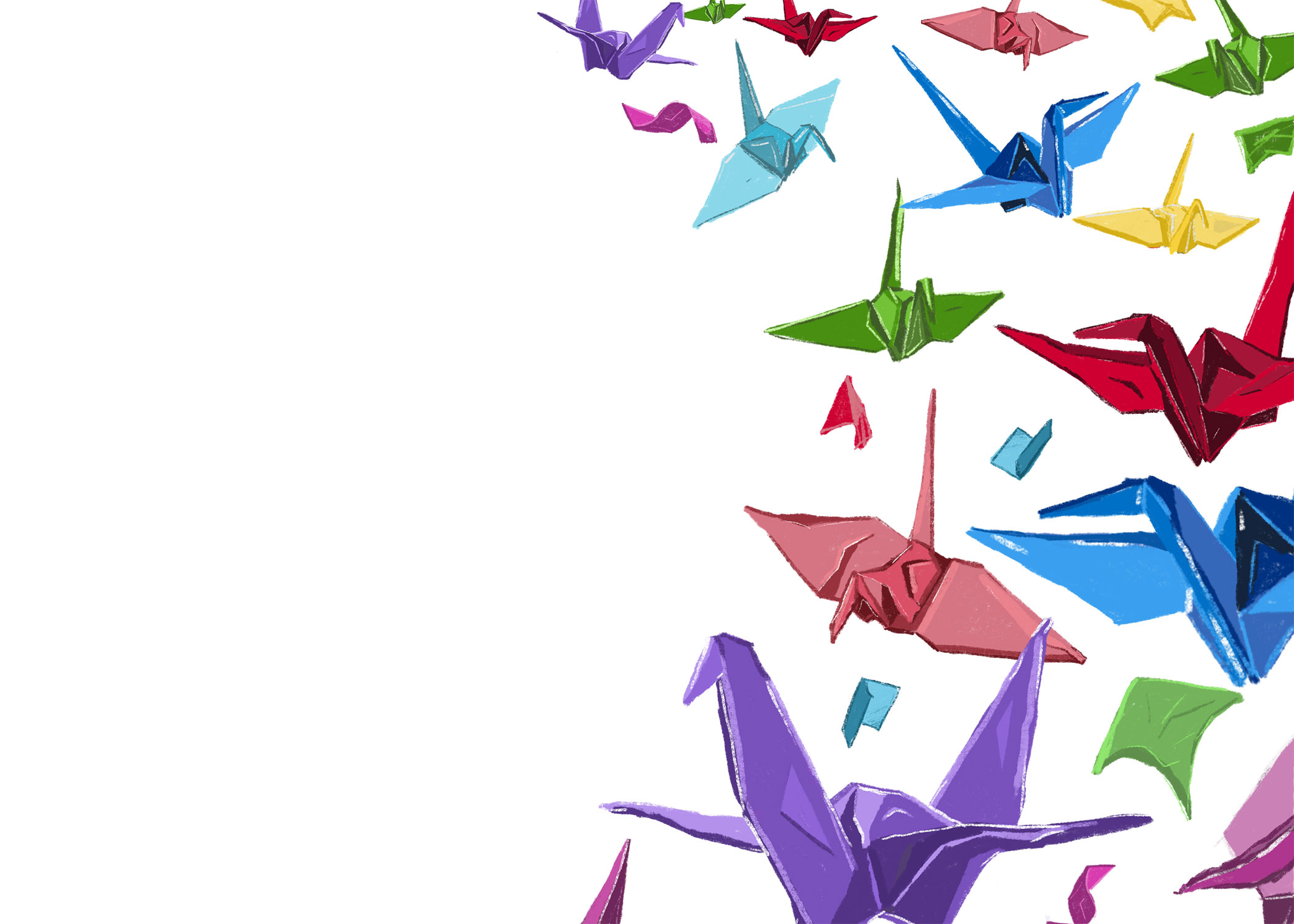 A digital illustration of colorful paper cranes and paper cranes floating in a U shape