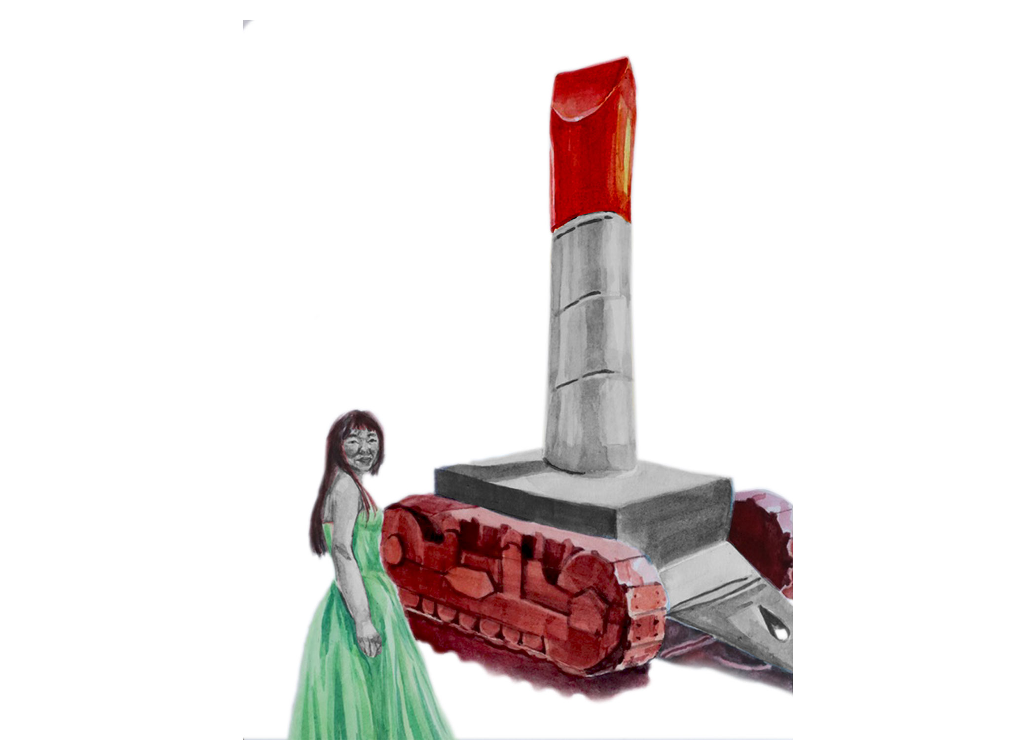 A watercolor drawing of a woman with long hair in a green dress, standing next to a large sculpture of a giant lipstick on top of a military tank