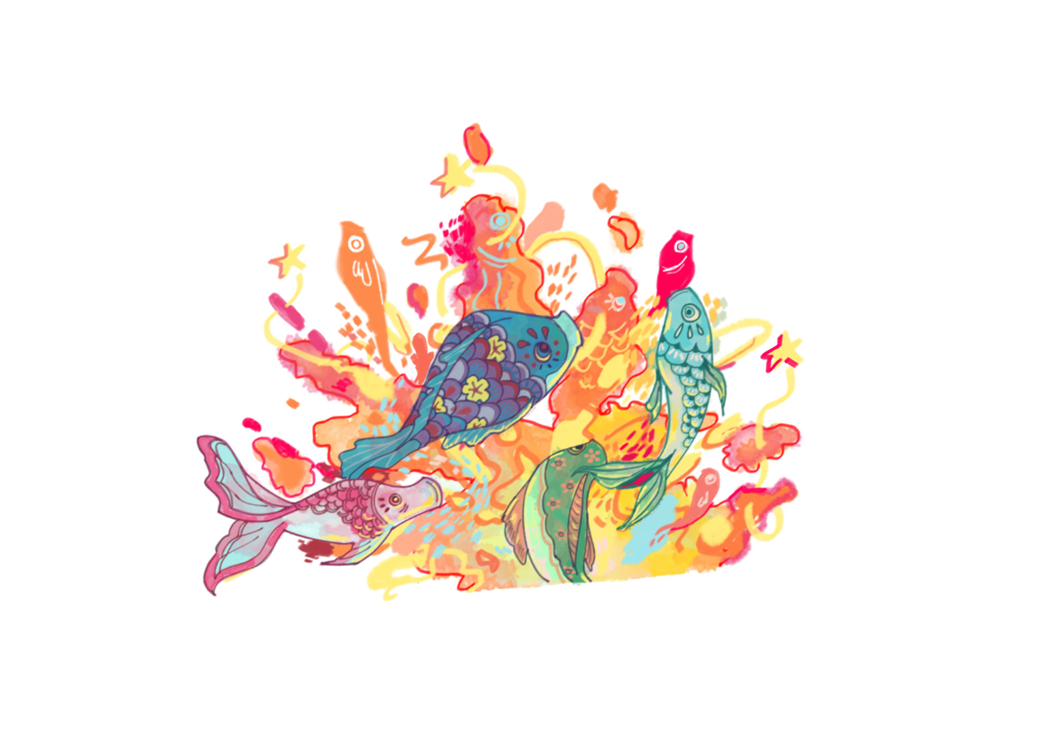 A colorful digital illustration of fish erupting from the ground