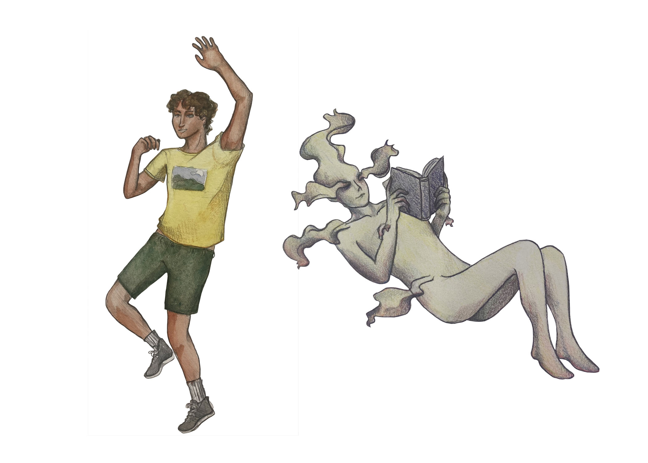 Two color pencil figures are shown. The figure on the left depicts a self portrait of a person jumping to catch a frisbee, the figure on the right depicts a humanoid being reclining and reading a book