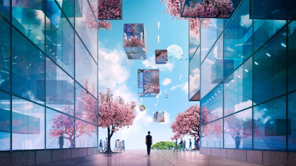 Digital collage of floating shapes in a sky.