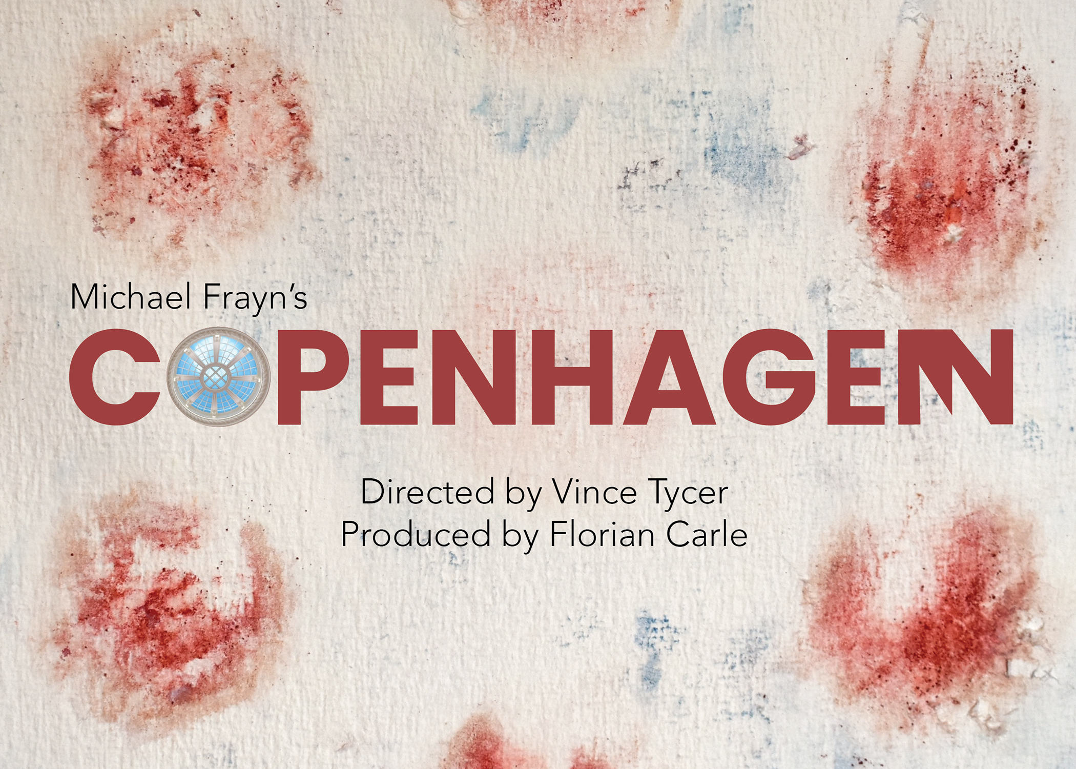 Watercolor paper with round red marks and some blue. Copenhagen title in red, with architectural window replacing the O.