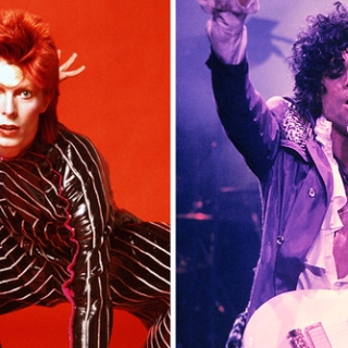Side-by-side closeups of David Bowie and Prince