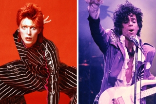 Side-by-side closeups of David Bowie and Prince