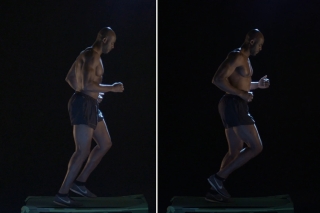 A live runner on a treadmill is juxtaposed with his life-sized, near-mirror image on screen