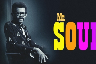 Grayscale image of Ellis Haizlip to the left of large, colorful text that reads, "Mr. SOUL!"
