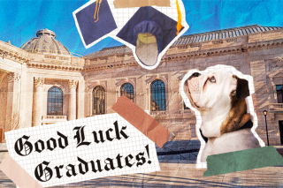 Illustrated collage of the Handsome Dan and airborne graduation caps on Beineke Plaza with Schwarzman Center in the background. Sign in the foreground reads, &quot;Good luck, graduates!&quot;