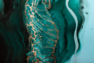 Acrylic Fluid Art. Dark green waves in abstract ocean and golden foamy waves.
