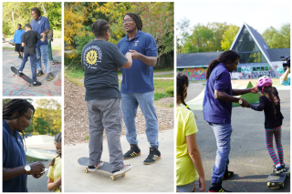 A collage of images of Dr. Neftalie Williams teaching kids to skateboard