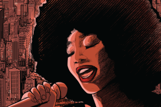 Sketch of woman with afro singing into a microphone