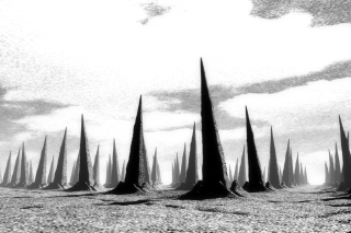 Artwork featuring a black and white landscape with black spikes protruding from the ground