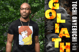 Headshot of Tochi Onyebuchi with his book cover, Goliath