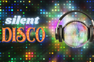 The words 'Silent Disco' next to a disco ball wearing a set of headphones