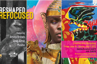 Poster for Creative Arts Workshop exhibit Reshaped and Refocused. Reads: featuring Amira Brown, Greg Aimé, Mosho. Creative Arts Workshop, Friday, June 10 - Sunday, July 9, 2022. Opening Reception: June 10. 6-9pm. 80 Audubon Street, New Haven. creativeartsworkshop.org