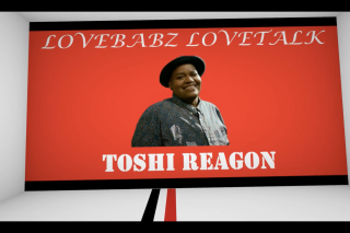 Red screen with image of Toshi Reagon overlaid. Text reads, "LoveBabz LoveTalk" on top and "Toshi Reagon" on the bottom