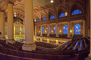 Inside Woolsey Hall at Dusk