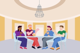 Illustrator art of 4 people at a table talking