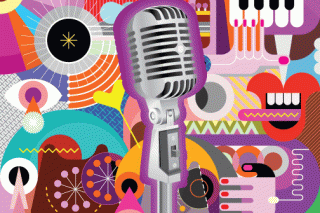 A bubbly cartoon world in multiple colors is the background for a vintage metal microphone.