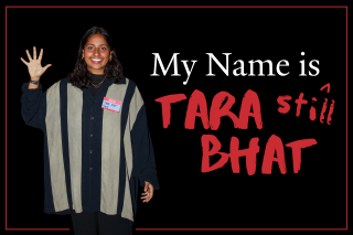 "My Name is ^still TARA BHAT" with Tara waving in a large bowling shirt