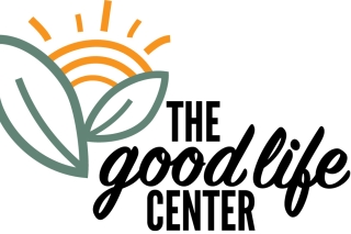 Logo of sun rising with plant leaves. Name of The Good Life Center in black on white.