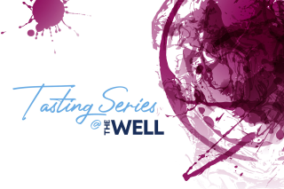 A graphic and artistic interpretation of a glass of wine, with splashes on a white table. The text reads Tasting Series at The Well. 