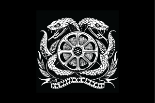 A crest of 2 snakes surrounding a film reel