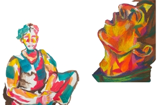 The image shows two colorful hand drawn figures. The left figure is painted with gauche, and depicts a person sitting down with their legs crossed. The right figure is drawn with oil pastel, and depict a profile of a person with their eyes closed.