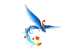 A digital illustration of a blue bird with orange leaflike tail feathers and an orange crown