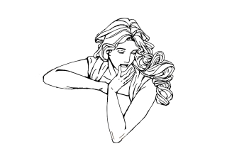 A hand drawn illustration of a woman's torso in 3/4 view, she has curly hair, and is facing left with her hand placed near her chin