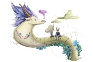 An illustration of a dragon with blue flowers growing from its body. Two figures sit on the back of the dragon. Two fish fly around in the background
