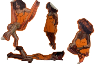 Four hand drawn illustrations of a girl with brown skin and curly hair, wearing an orange dress