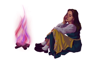 A hand drawn digital illustration of a woman staring at a purple and pink campfire flame. She has her hand on her cheeks, and is wearing a teal dress with a yellow floral apron and brown clogs