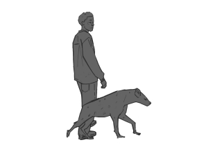 A greyscale digital illustration of a person walking a dog.